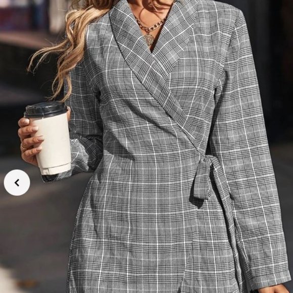 Brand New Color Block Black/Tan Plaid Print Shawl Collar Wrap Knot Side Blazer - Picture 4 of 4